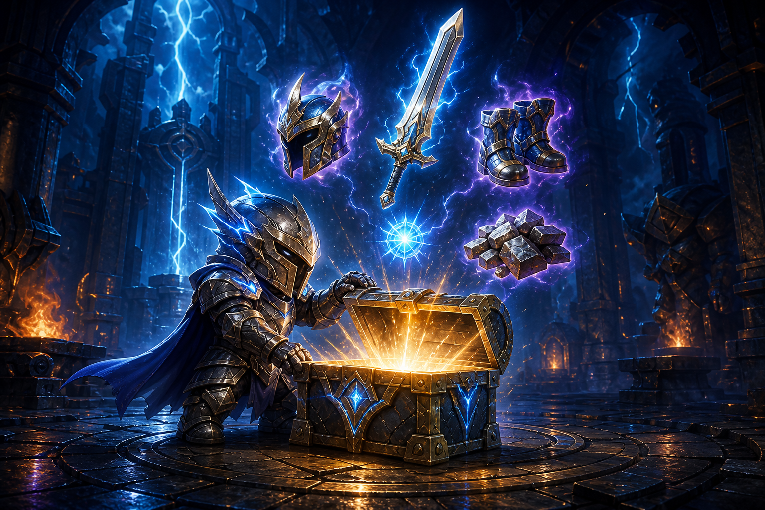 Lightning Quest knight opening a glowing Campaign Chest with gear, scrap, and experience rewards
