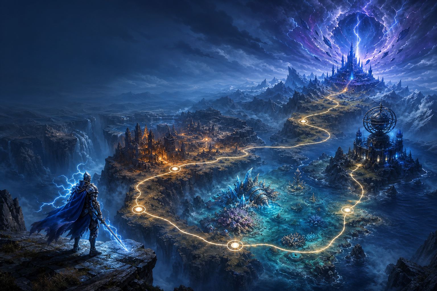 Lightning Quest knight following a glowing route across the Campaign World Map toward a rift citadel