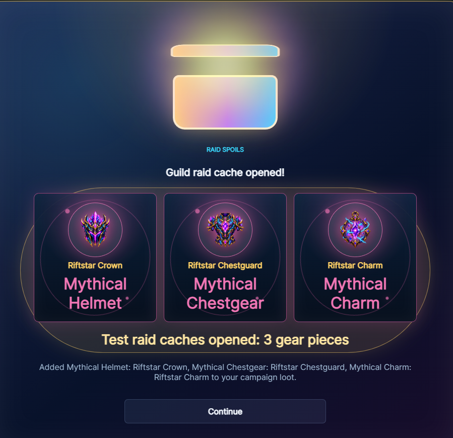 Lightning Quest guild raid cache opening showing three mythical gear rewards