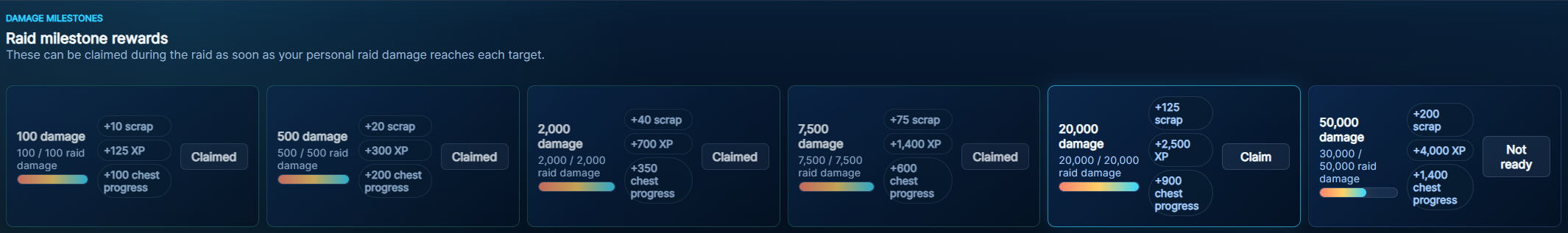 Lightning Quest Guild Raid damage milestones with scrap, XP, and Campaign Chest progress rewards