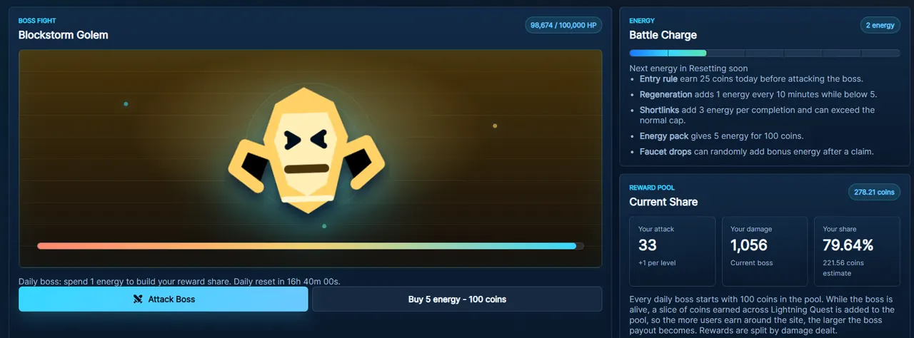 Lightning Quest daily boss fight showing a boss, reward pool, energy, and attack controls