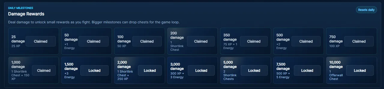 Lightning Quest damage rewards grid with daily boss milestones for XP, energy, shortlink chests, and offerwall chests