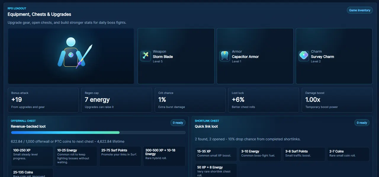 Lightning Quest equipment, stats, offerwall chest, and shortlink chest screen