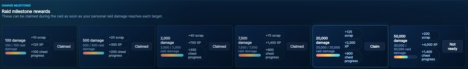 Lightning Quest Guild Raid damage milestones with scrap, XP, and Campaign Chest progress rewards